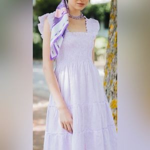 Hill House Ellie Nap  Midi Lilac Linen Striped Smocked Dress Size Small